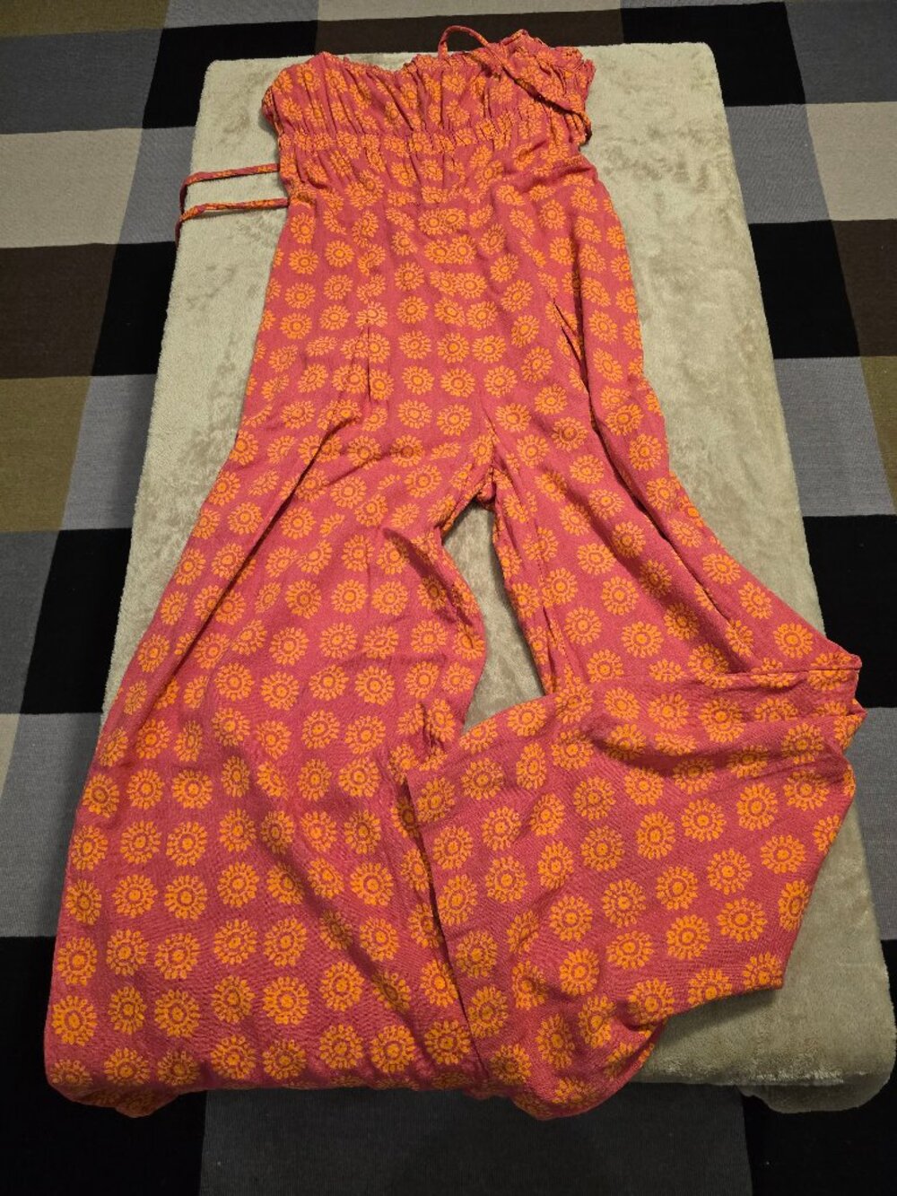 Ecote Urban Outfitters Pink Orange Medallion Wide Leg Jumpsuit Boho Linen M